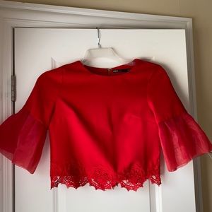 Ina Red Crochet Trim Crop Top